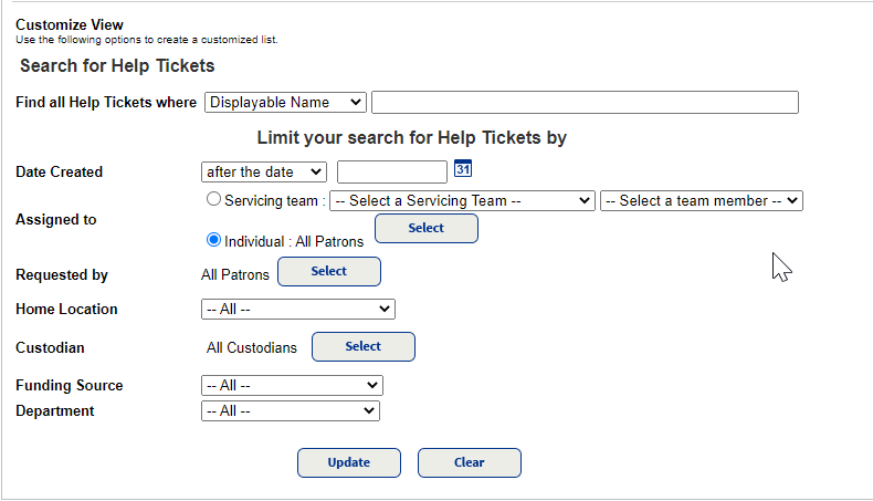 Help Tickets Archive sub-tab Customize View section.